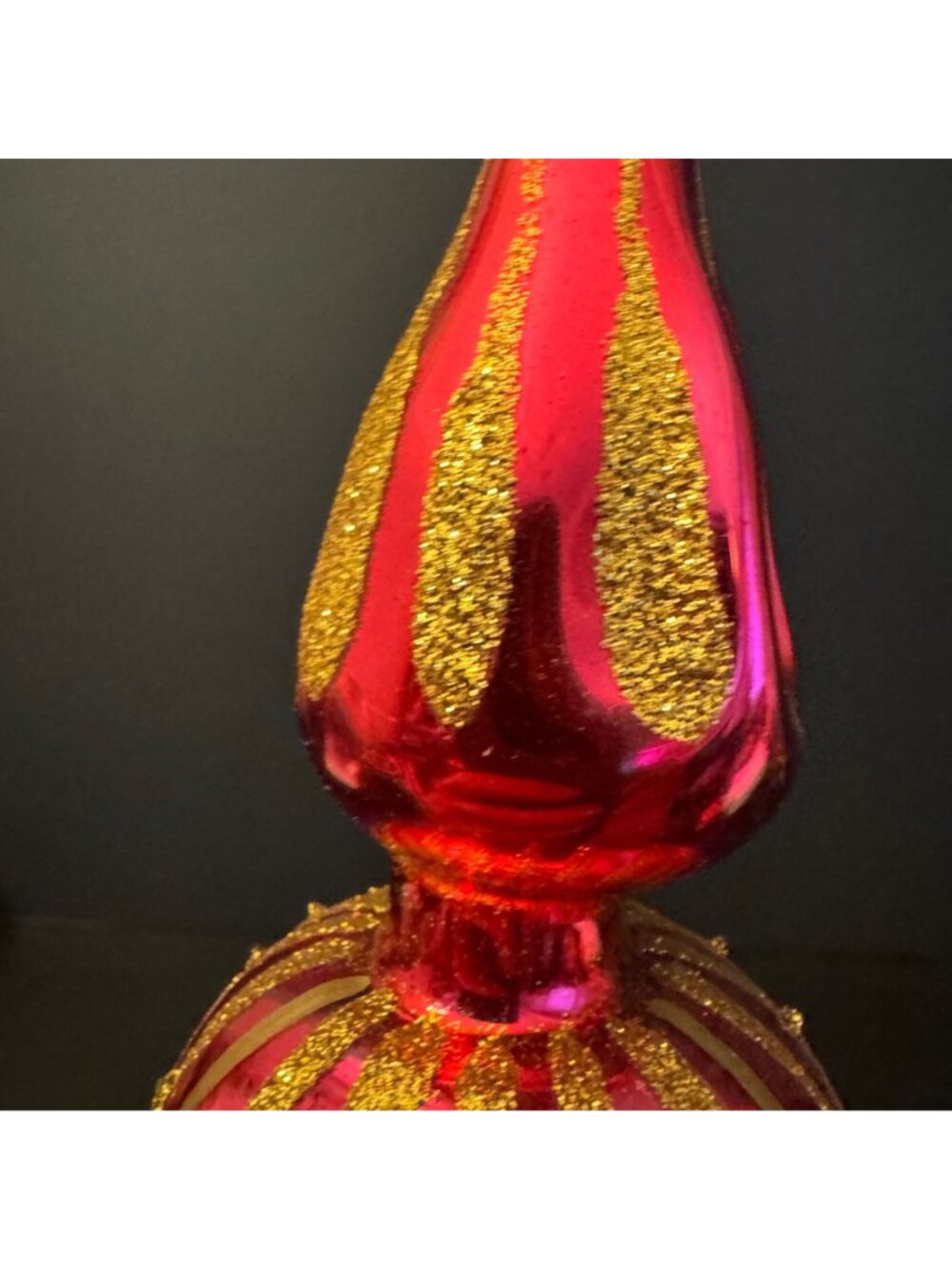VTG Pink & Gold Glass Christmas Tree Topper Glitter Accents Double Indent Ball - Picture 6 of 16